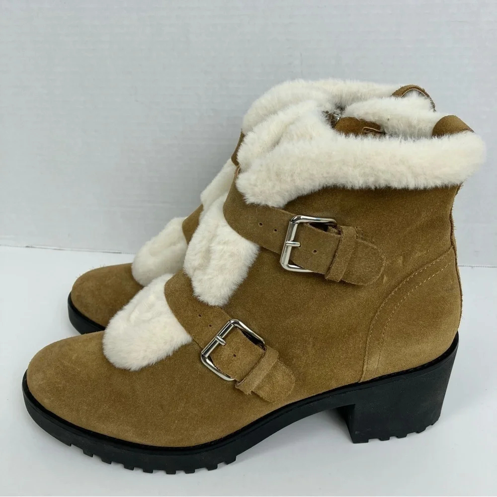Saks Fifth Avenue Hailey Suede Chunky Winter Boots w Buckles Faux Fur Trim Sz 10